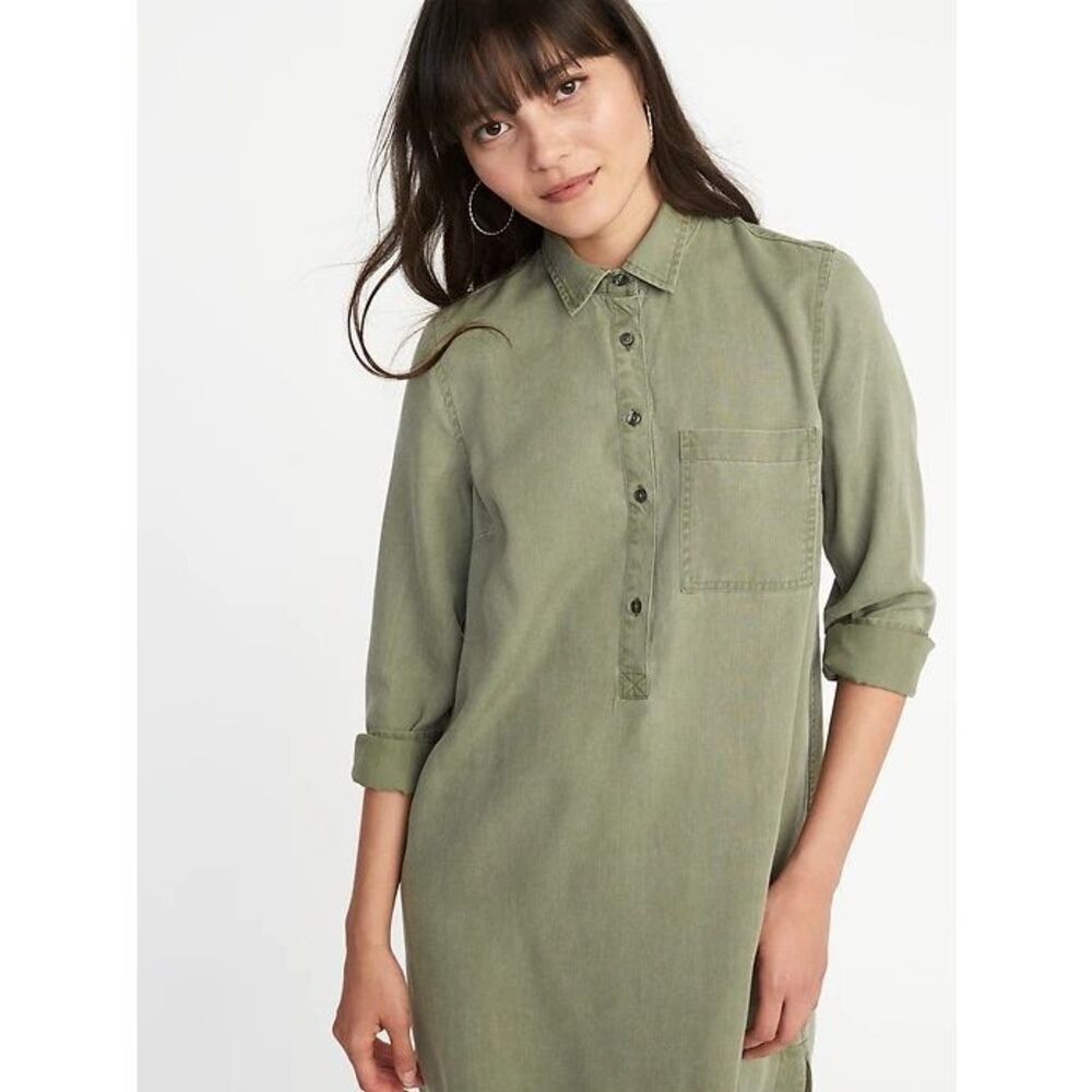 Old Navy Long Sleeve Tencel T-Shirt Dress Medium Army Green Button-Up NWT